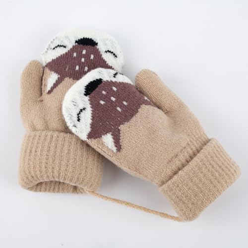 Baby Votter i beige ull med strikket dyremotiv, lange mansjetter og snor mellom vottene, sett ovenfra.