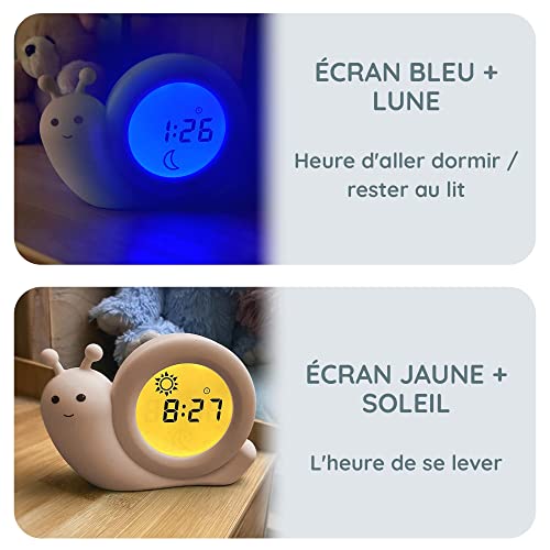 Barneklokke formet som beige snegle, blått månedisplay for natt og gult soldisplay for morgen, tekst på fransk.