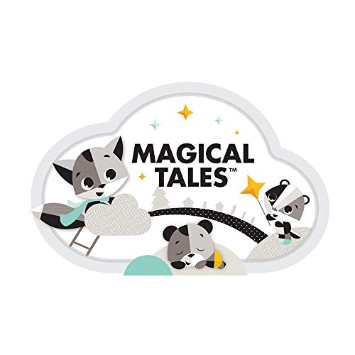 Baby Uro med skyformet illustrasjon, tre dyr i gråtoner, stjerner, skyer og teksten "MAGICAL TALES" i midten.