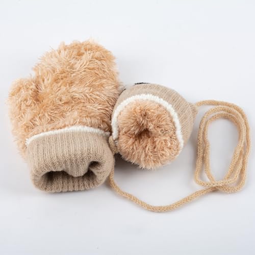 Baby Votter i beige og lysebrun fluffy tekstil, hvit stripe ved åpningen, sammenkoblet med beige snor.
