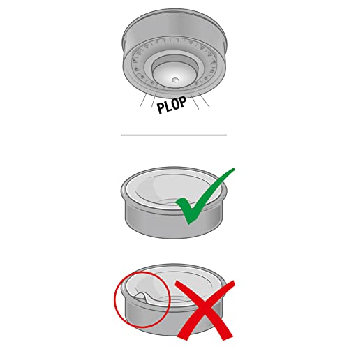 Tutekopp silikonlokk vist ovenfra med "PLOP"-lyd, grønn hake for riktig bruk og rød X for feil bruk, tekst på engelsk.
