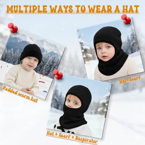 Balaklava for barn vises på tre bilder med sort hette, brukt som lue, med skjerf og over munn og nese.