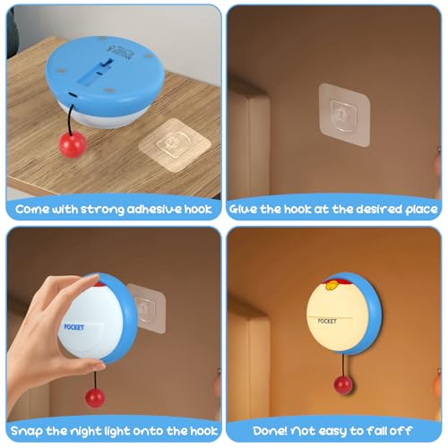 Nattlampe monteres på vegg med selvklebende krok, viser blå og hvit fotballformet lampe med rød snor.