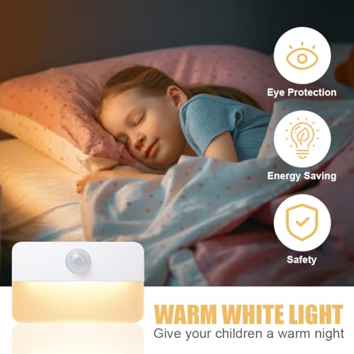 Nattlampe med varm hvitt lys lyser ved siden av sovende barn, omgitt av ikoner for øyevern og energisparing.