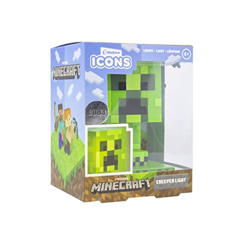 Lamper formet som en grønn Minecraft Creeper vises i original emballasje med vindu og engelsk tekst.