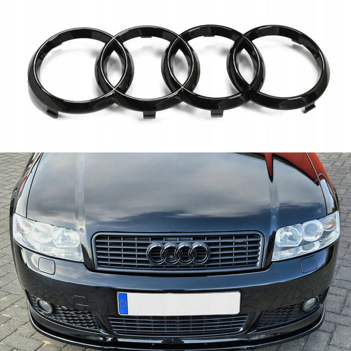 Emblem/logo i svart blank Black Edition til Audi ringer A4 B6 for frontgrill, mål 263 x 90 mm