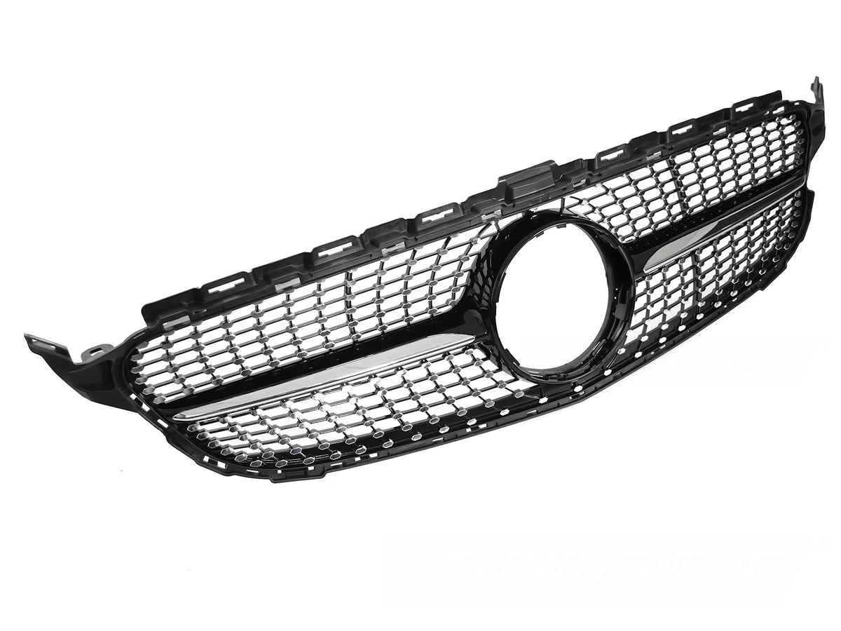 Grill til Mercedes C-Klasse W205 14-18 i sort/krom sett rett forfra på hvit bakgrunn.