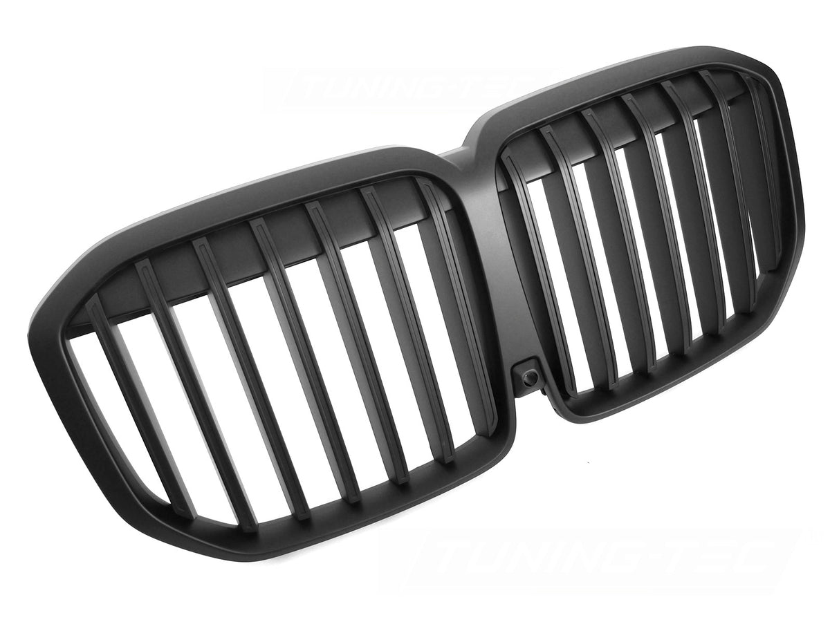 Grill til BMW X7 G07 LCI 22- i matt sort sett rett forfra på hvit bakgrunn.