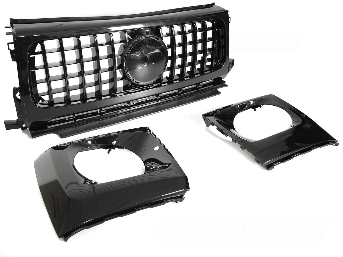 Grill GT Style til Mercedes G-Klasse W464 18-24 i blank sort sett rett forfra på hvit bakgrunn.