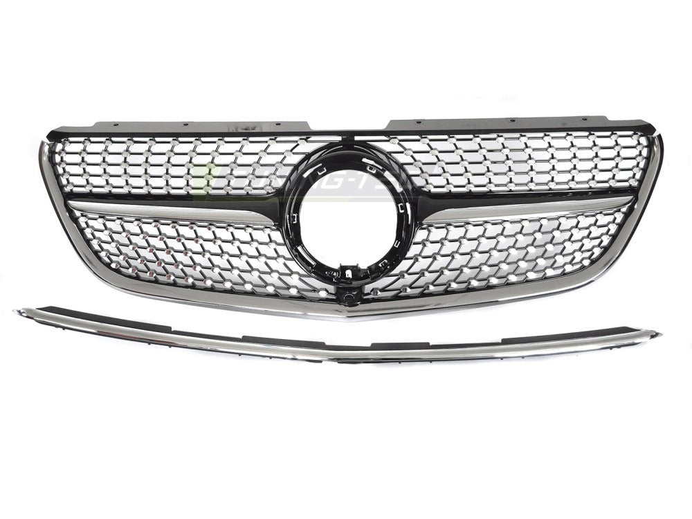 Detaljbilde av Grill Mercedes Vito W447 19-23 sort/krom med diamond-mønster og emblemfeste.