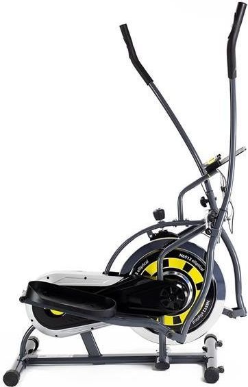 Orbitrek ellipsemaskin i sort og grått med gule detaljer, sett fra siden med display og lange håndtak.