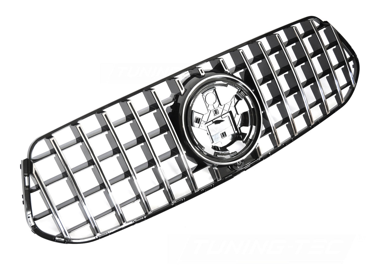 Grill GT Style til Mercedes GLE W167/C167 19-23 i sort/krom sett rett forfra på hvit bakgrunn.