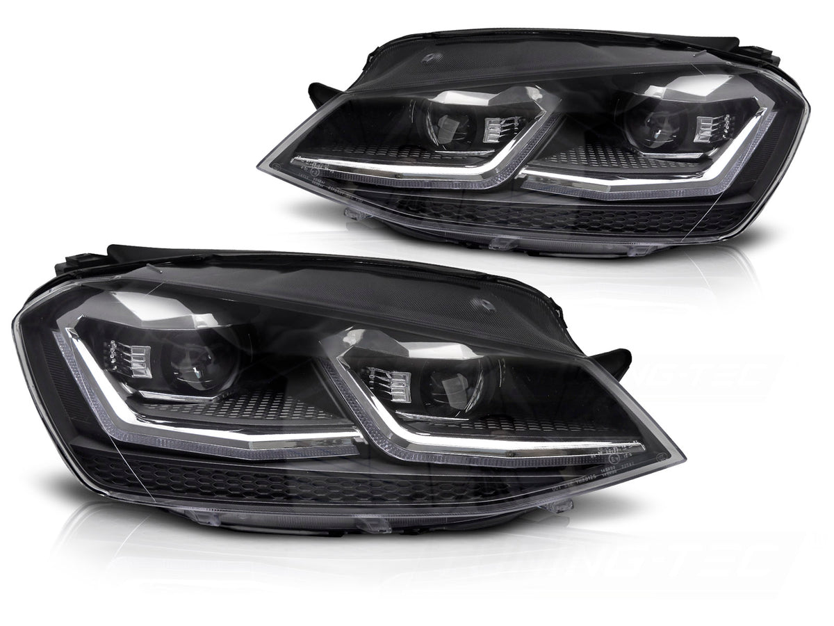 Frontlykter LED VW Golf 7 13-17 i sølv sett rett forfra.