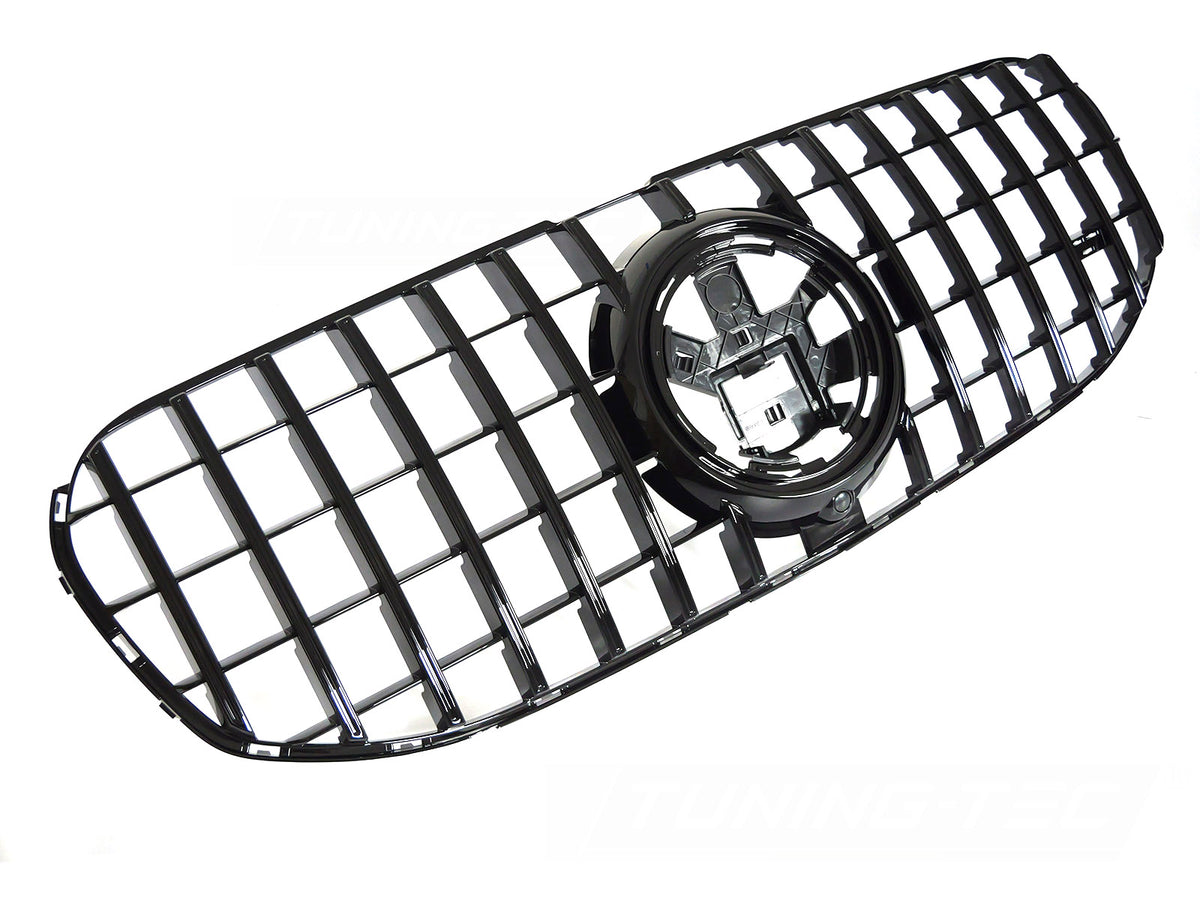 Grill GT Style til Mercedes GLS X167 19-23 i blank sort sett rett forfra på hvit bakgrunn.