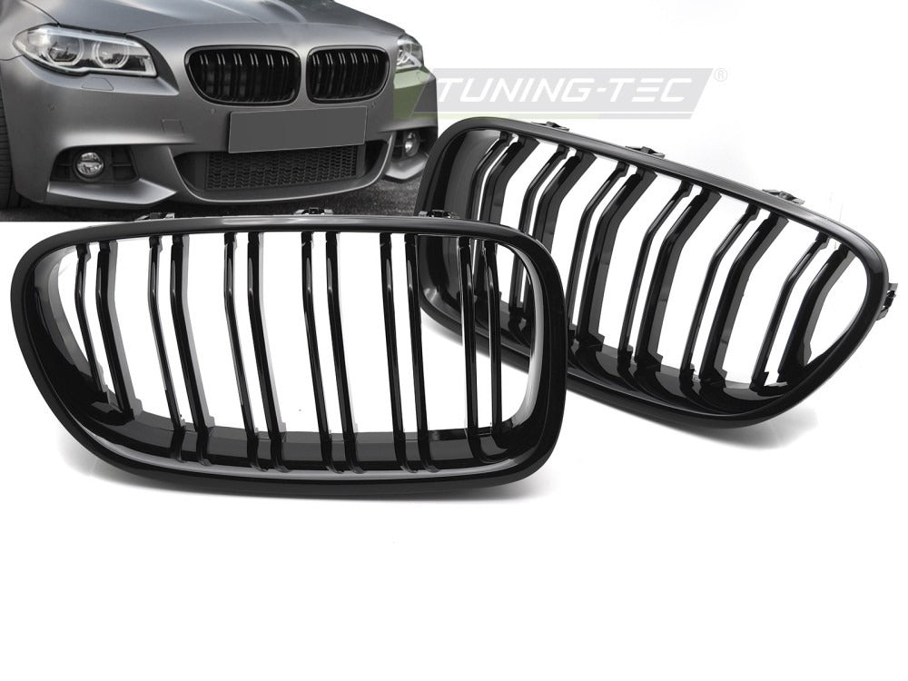 Grill Sport Glossy Black Double Bar til BMW F10/F11 10-16 sett rett bakfra på hvit bakgrunn.