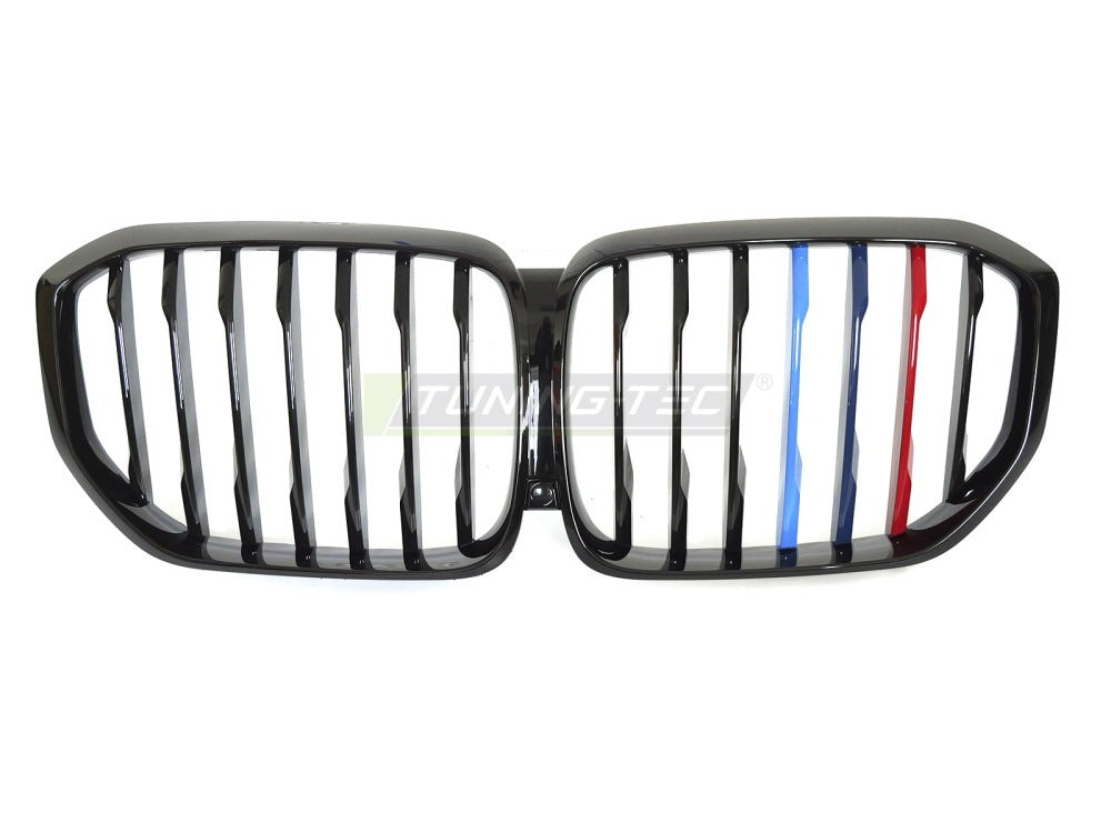 Detaljbilde av Grill X5 G05 19-22 blank sort/trefarget med lamellstruktur og BMW-nyrer.