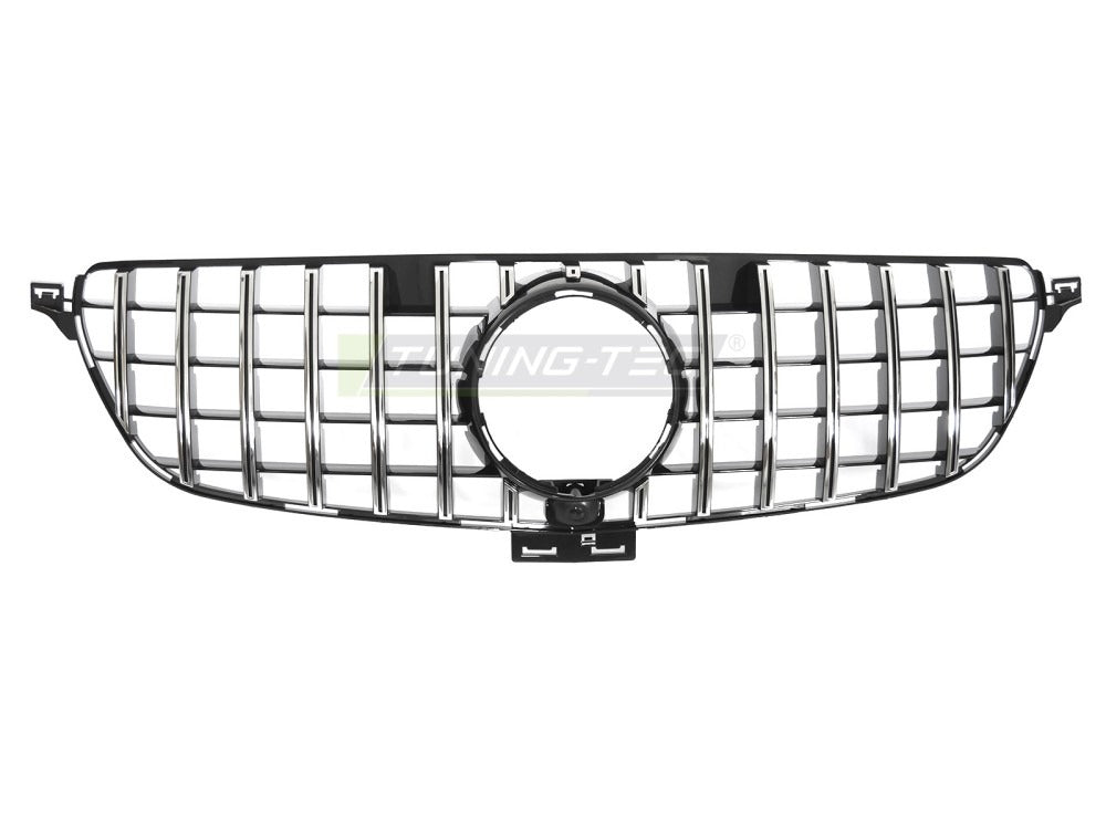 Detaljbilde av Grill Mercedes GLE W166 15-19 sort/krom med GT-mønster og emblemfeste.