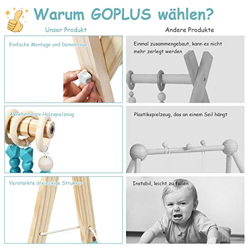 Baby Gym sammenligningsbilde av to babygym i lyst tre og plast med detaljer og et barn nederst til høyre.