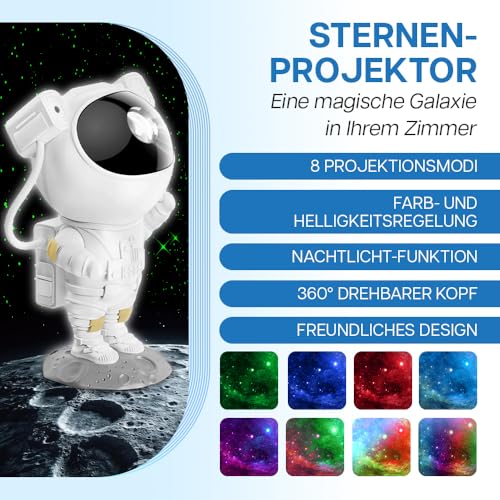 Stjernehimmel Projektor viser hvit astronautfigur på grå base, projiserte stjerner og tyske funksjonstekster.