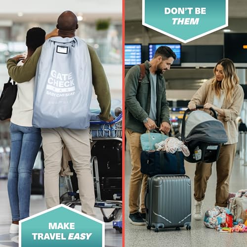 Reisebag i grått dekker barnevogn på flyplass, mens barnevogn uten bag har innhold spredt utover gulvet.