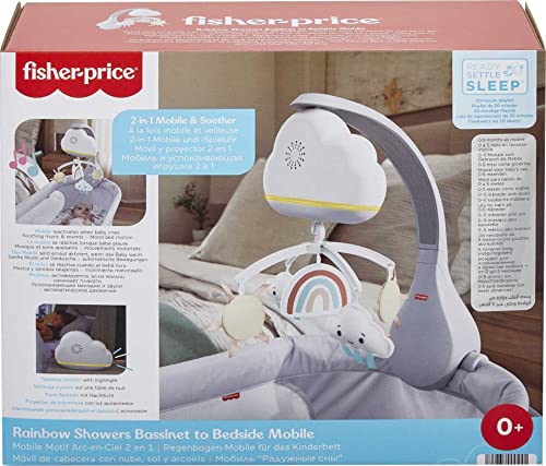 Babymobil med skyformet musikkboks, hengende regnbue, stjerne og sky, avbildet i original emballasje.