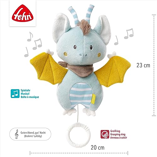 Spilledåse Bamse blå og gul flaggermus med stripete mage, musikksnor, ring og mål 23x20 cm vises på bildet.