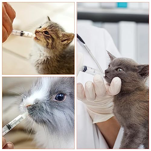 Strikkepinne brukes ikke her, men tre ulike kattunger mates med sprøyte av personer med og uten hansker.