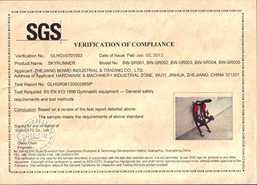 Hoppestylter sertifikat med overskriften "SGS VERIFICATION OF COMPLIANCE", beige bakgrunn og signatur nederst.