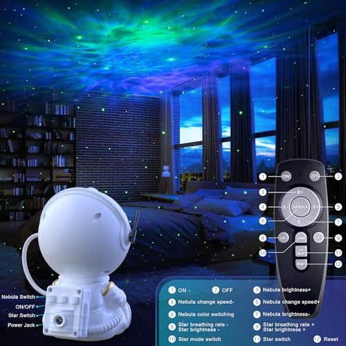 Stjernehimmel Lampe formet som hvit astronaut på soverom, projiserer lys i taket, fjernkontroll vises bakfra.