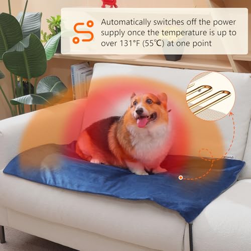 Katteutstyr, blå elektrisk varmematte med hund på, plassert på hvit sofa, synlig varmeeffekt og engelsk tekst.
