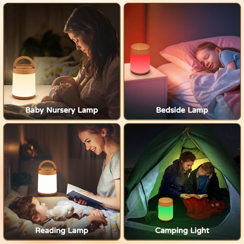 Nattlampe Barn vises i fire brukssituasjoner med baby, ved seng, til lesing og camping, lyser i ulike farger.