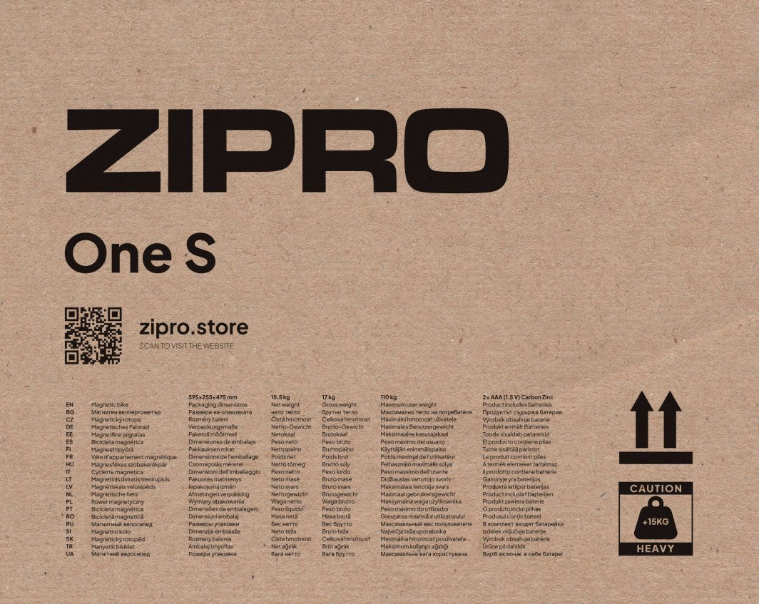 Treningssykkel i brun pappeske med svart ZIPRO-logo, modellnavn, spesifikasjoner og QR-kode synlig foran.