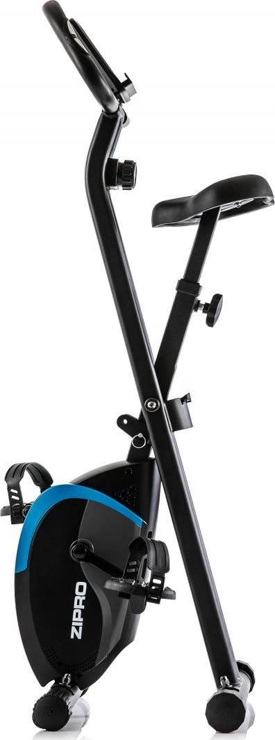 Trimsykkel i svart med blå detaljer, sammenleggbar, vist fra siden med sete, pedaler og justeringsmuligheter.