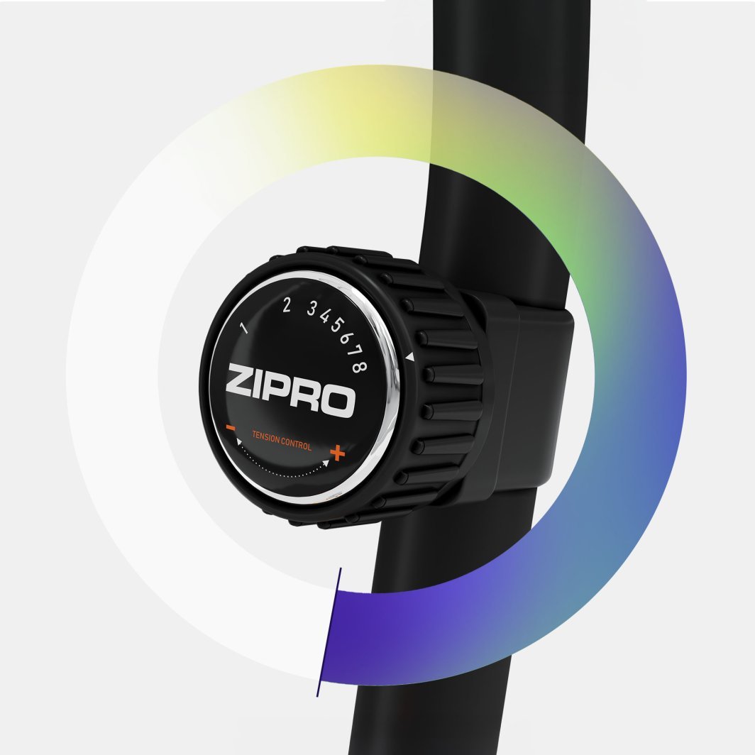 Treningssykkel med sort, rund motstandsjustering fra 1 til 8, synlig Zipro-logo og grep rundt metallrør.
