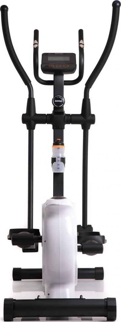 Ellipsemaskin Trening sett forfra med sorte og hvite detaljer, display, håndtak, justeringshjul og pedaler.