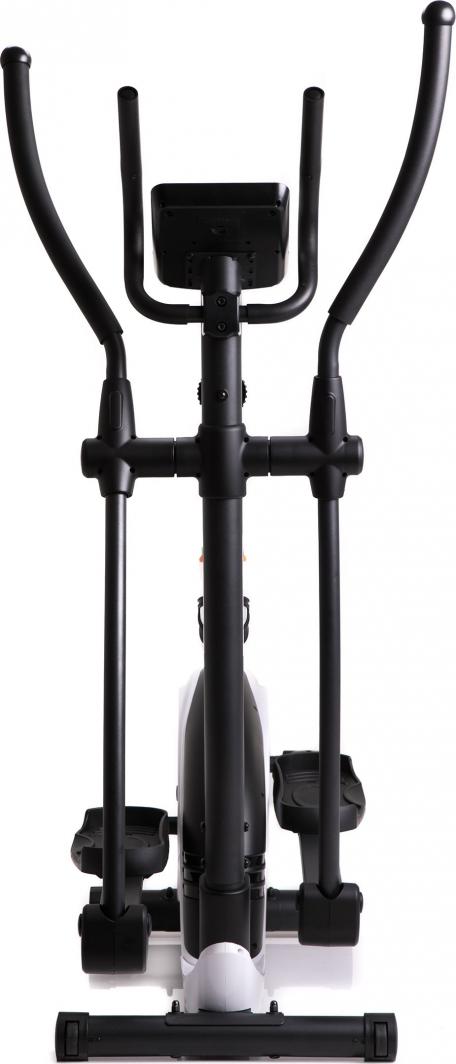 Ellipsemaskin i sort med hvite detaljer, store håndtak, display i midten og brede fotplater sett forfra.