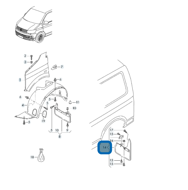 VAG OEM skvettlapp til Vw T5 / T6 / T6.1 – svart ABS/gummi