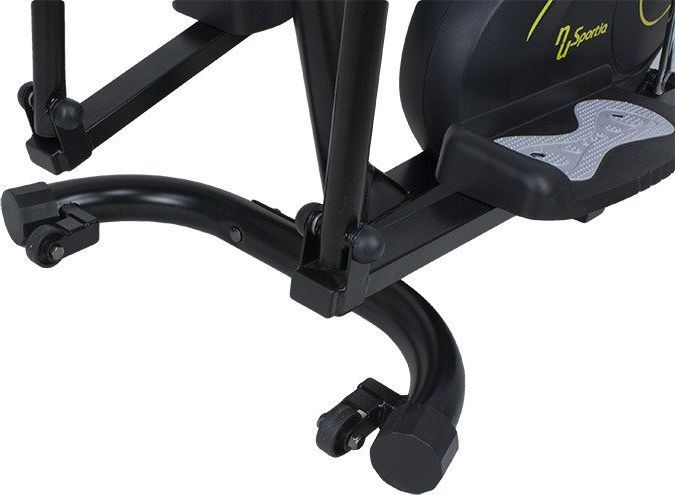 Orbitrek med magnetisk motstand, åtte nivåer, sort og sølv design, stående på hvitt underlag.