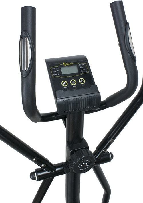 Ellipsemaskin Trening i sort metall og plast, sett forfra med styre, reguleringshjul og digitalt display.