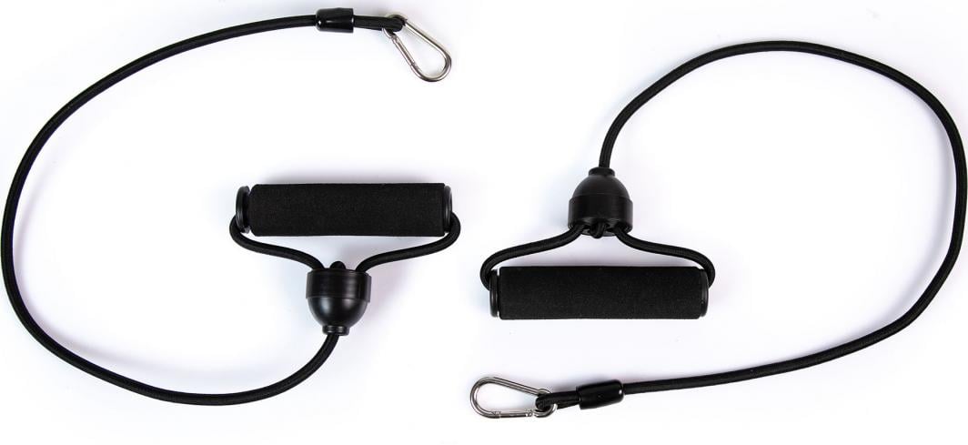 Stepmaskin med to svarte treningsstrikker med polstrede håndtak og metallkroker, avbildet fra oversiden.