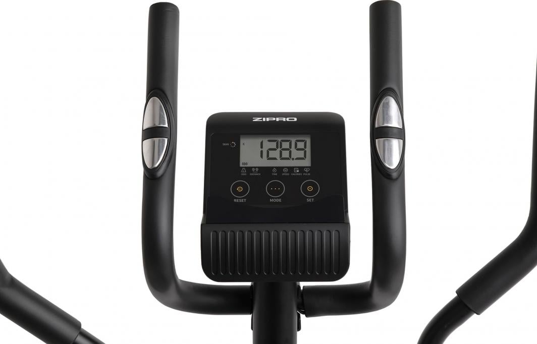 Crosstrainer med magnetisk motstand, åtte nivåer, sort og gullfarget, vises fra siden på hvit bakgrunn.