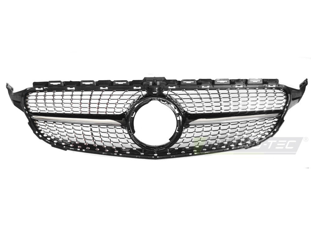 Detaljbilde av Grill C-Klasse W205 18-23 sort/krom med lamellstruktur og emblemfeste.