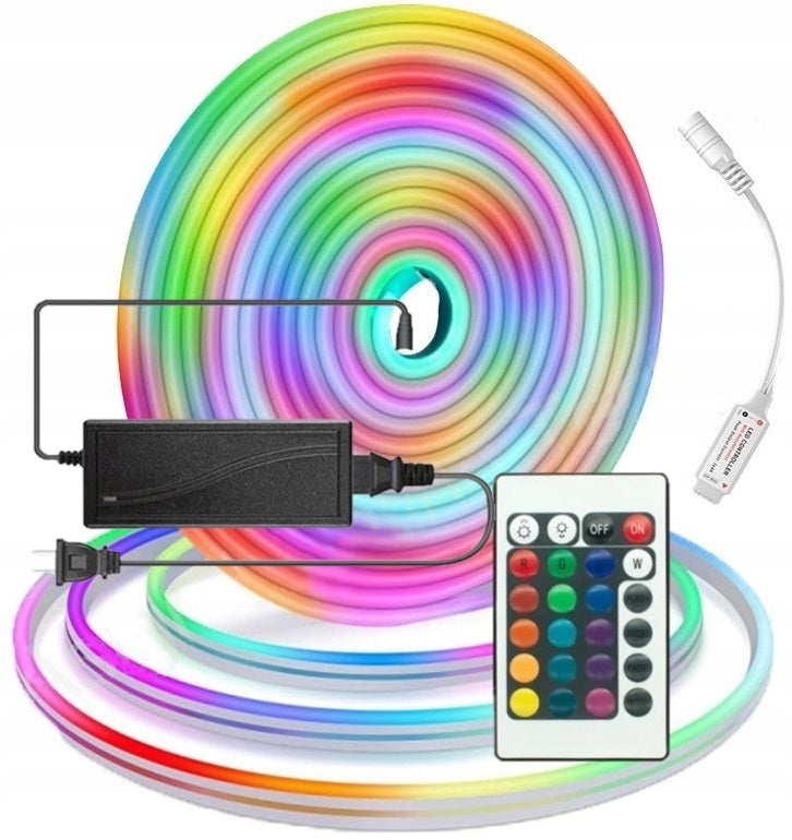 5M LED Neon RGB Tape med Strømforsyning, Kontroller og Fjernkontroll