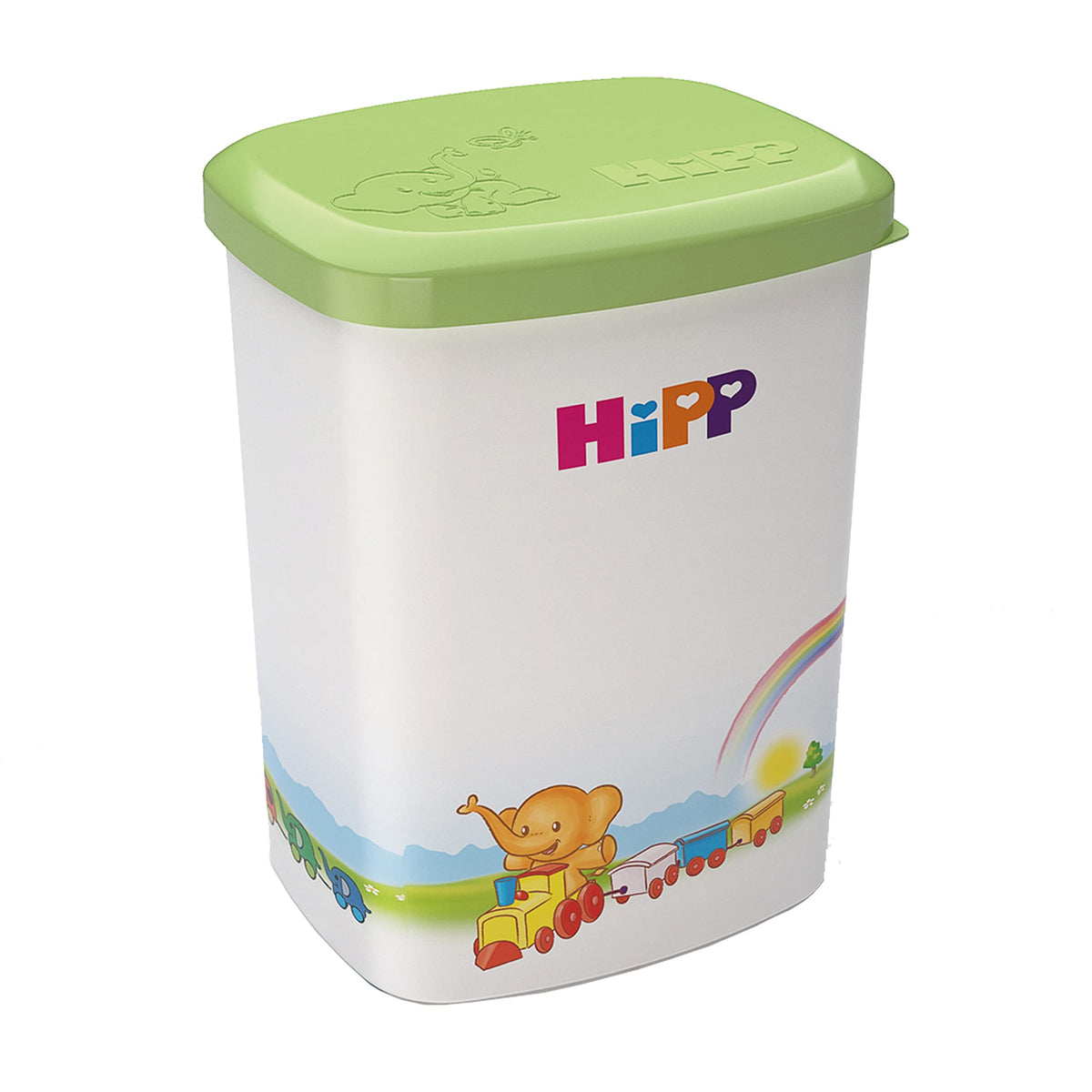 Oppbevaringsboks med grønt lokk, hvit kropp, barnetog og regnbue, HiPP-logo og elefantmotiv sett fra skrå front.