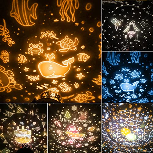 Stjernehimmel Lampe projiserer fargerike lysmønstre med sjødyr, bursdag, jul og stjerner på vegger og tak.