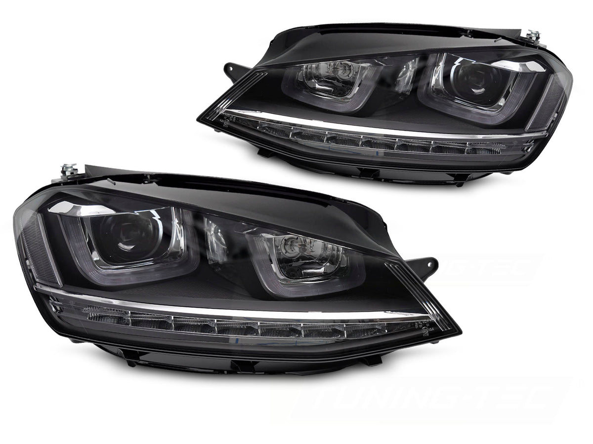 Frontlykter Silver LED Sequential DRL til VW Golf VII 13-17 sett rett forfra på hvit bakgrunn.