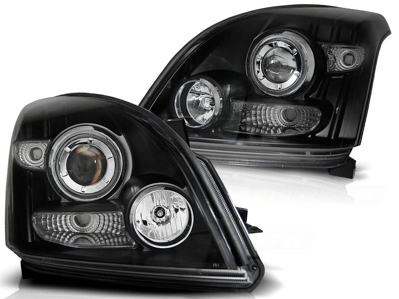 Frontlykter Angel Eyes Black CCFL til Toyota Land Cruiser 120 03-09 sett rett forfra på hvit bakgrunn.
