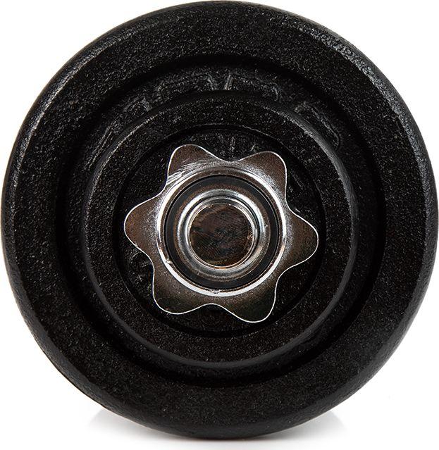 Hantler sett med sort vektplate og sølvfarget skrulås, sett rett forfra med synlige detaljer i metallet.