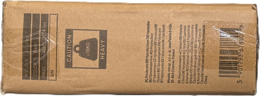 Manualer Sett rektangulær brun pappeske med svart trykk, advarsel om tungt innhold og strekkode vises fra siden.