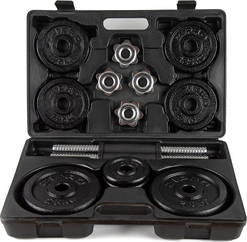 Hantler sett med sorte støpejernsskiver, stang og skrulåser vist i åpen koffert for hjemmetrening.